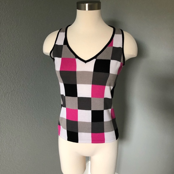 Taifun Collection Sleeveless V-Neck Checkered Knit Sweater Blouse - Picture 15 of 16